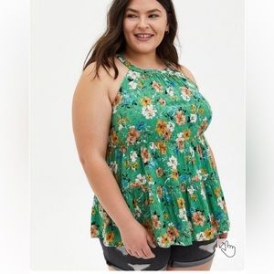 Torrid Eyelet Babydoll Tiered Green Floral Top Sz 2X NWT